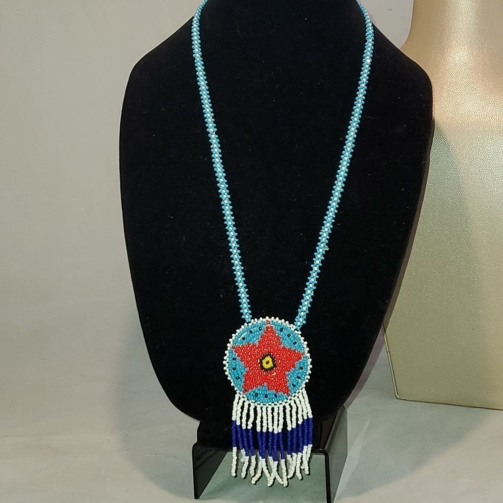 Indian Beaded silver & red star necklace blue long Boho  Western Fringe Cute